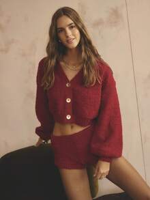 Aralina Red Autumn Casual Lounge 2pcs Knitted Fluffy Cardigan Set,Balloon Sleeves Button Down Top & Micro Shorts Matching Set,Cosy Christmas Sleepwear Pajamas - Red - View 1