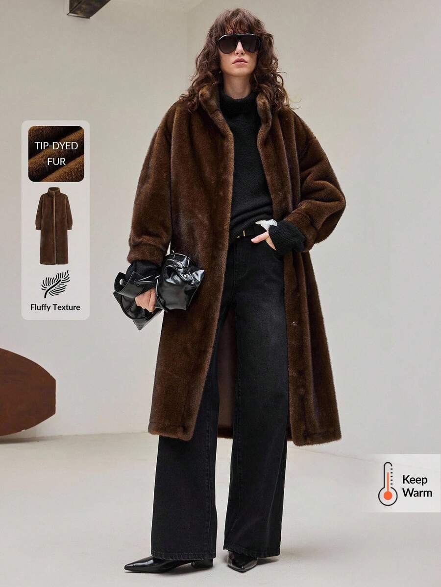 Ontre 女士高领长袖仿皮草长款外套，复古贵族风，奢华显贵，适合情人节、节日、婚礼宾客、冬季必备、派对、正式场合、姐妹聚会、晚宴约会、下午茶、郊游等场合，保暖舒适。 - 咖啡棕 - 查看 1