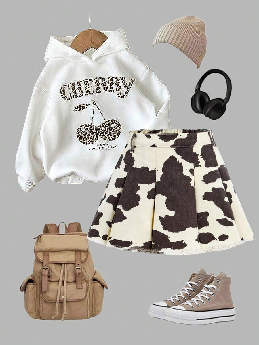 Girlism Tween Girls Y2k Vintage Cute Cow Print Casual Pleated Denim Skirts Fall Winter,For Girls Fall/Winter Dailywear Costume,Girls Streetwear Outfits,Halloween Outfits,Christmas Outfits,Winter Clothes,Teen Skirts