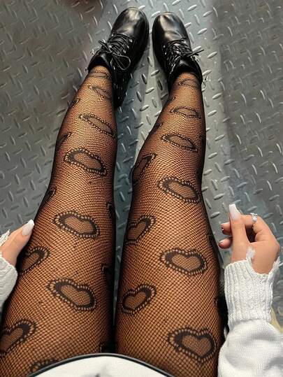 SHEIN EZwear Plus Size Fashionable Sexy Heart Fishnet Leggings