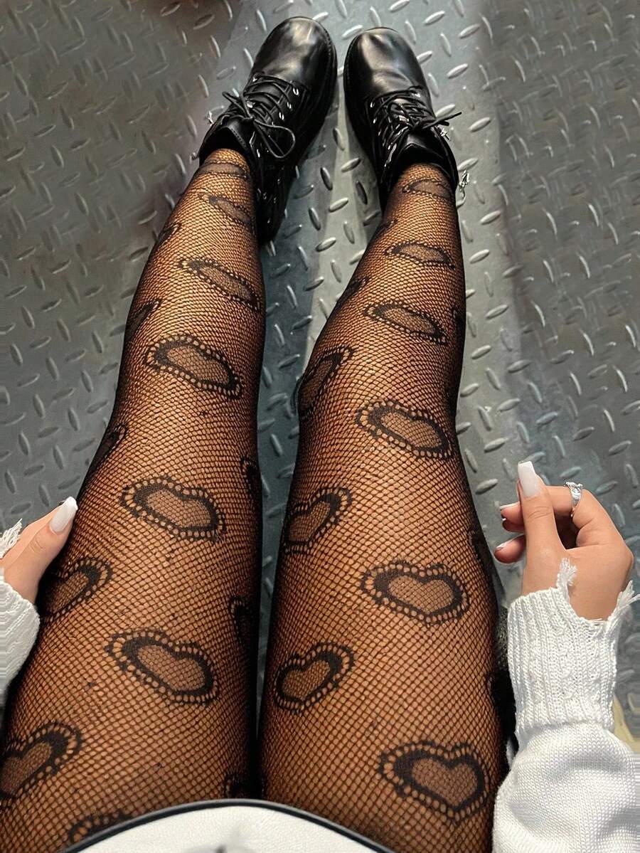 SHEIN EZwear Quần legging lưới hình trái tim gợi cảm thời trang cỡ lớn - màu đen - Xem 1