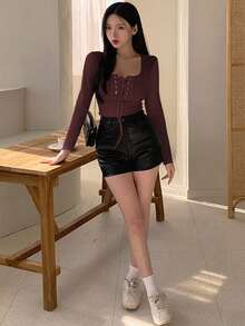 DAZY Women's Solid Color Fitted Lace-Up Long Sleeve T-Shirt - Burgundy - View 5