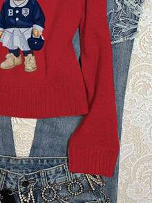 SHEIN EZwear Damen Lässig Pullover mit Cartoon Bär Muster, Rundhalsausschnitt, Langarm, geeignet für Herbst/Winter - Rot - Übersicht 4