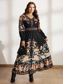 Comfylo Große Größen, Damenkleid mit Blumenmuster, gerafften Rüschenärmeln und taillierter Taille, ideal für Urlaub, Frühling/Herbst, Weihnachten, Winter und andere Anlässe. Auch als Weihnachts- oder Silvesterkleid geeignet.