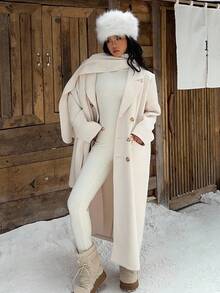 SHEIN EZwear 女士冬季双排扣长款大衣，带围巾设计，秋冬季奶油色大衣，舒适保暖 - 杏色 - 查看 7