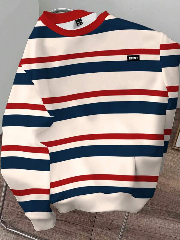 Manfinity Joysei Plus Size Men's Casual Everyday Contrast Stripe Round Neck Drop Shoulder Loose Sweatshirt, Autumn/Winter
