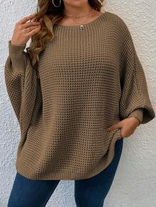 SHEIN LUNE Plus Size Women Batwing Sleeve Crew Neck Loose Pullover Solid Color Sweater, Autumn/Winter - Khaki - View 3