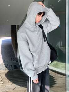 DAZY 男士纯色抽绳连帽落肩运动衫，秋装 - 灰色 - 查看 5