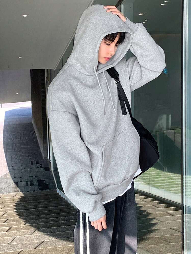 DAZY Sudadera con capucha de hombros caídos y cordón ajustable para hombre, ropa de otoño - Gris - Añade 5