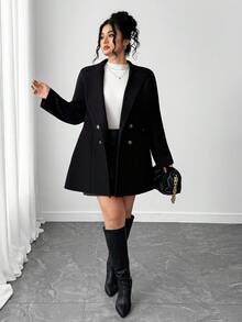 Elenzga 大码女式百搭简约纯色商务风大衣，适合秋冬季日常通勤 - 黑色 - 查看 4