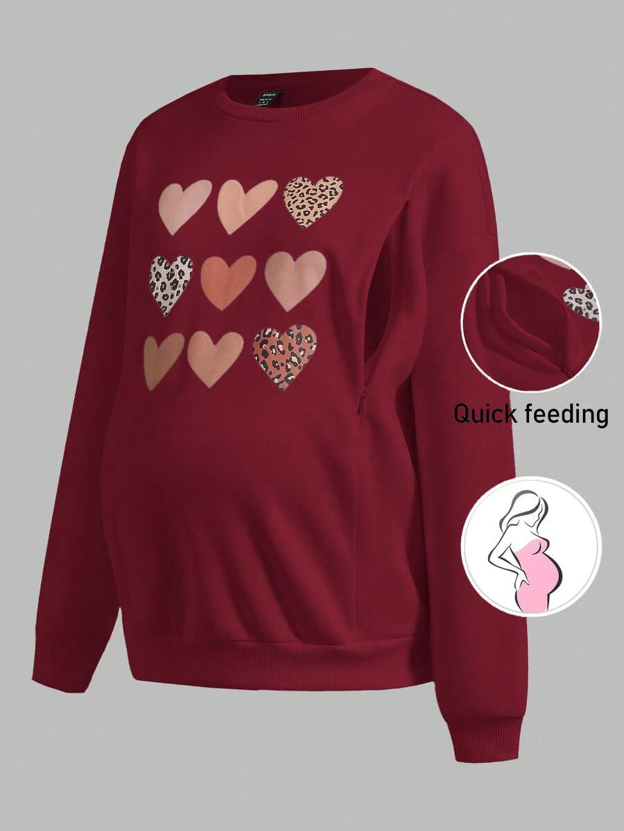 SHEIN Pregnant Women's Casual Heart Print Nursing Sweatshirt, Autumn Pregnant Clothes Maternity Sweatshirt Heart Print Sweatshirt Sweatshirts For Women - Burgundy - View 1