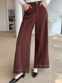Feyla Women's Casual Wide Leg Button Pocket Pants - Brown - View 2