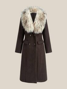 Easelle Fur Collar Camel Women's Long Sleeve Long Fashionable Woolen Coat Autumn Winter Clothes For Women - Coffee Brown - View 1