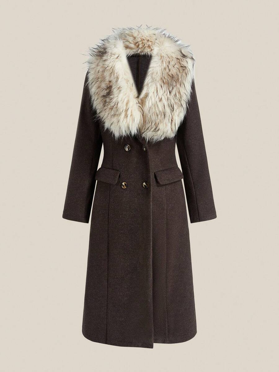 Easelle Fur Collar Camel Women's Long Sleeve Long Fashionable Woolen Coat Autumn Winter Clothes For Women - Coffee Brown - View 1