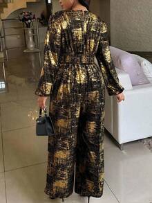 Cravure Christmas Plus Size Women's Foil Hollow Out Waist Jumpsuit, Autumn/Winter