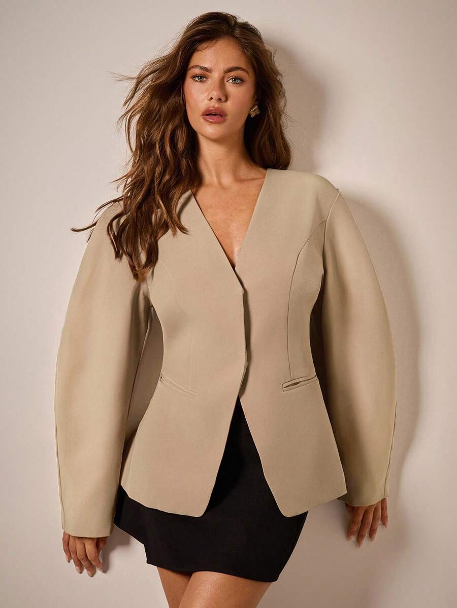 COSMINA Chaqueta de traje de negocios de unicolor y manga larga de moda para mujer, otoño - Caqui - Ver 1