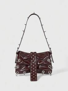 ROMWE Grunge Punk 女士朋克咖啡棕色单肩包，带金属铆钉和圆环装饰 - 棕色 - 查看 2