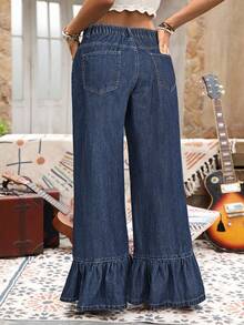EMERY ROSE Plus Size Women's Casual Traditional Loose Denim Jeans With Pockets And Ruffle Hem Vacation Navy Blue Summer - Dark Wash - View 2