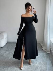 Lyxana Women's 2025 Autumn/Winter New Elegant Garden Party Pearl Decor Long Sleeve Waist Cinched Maxi Dress - Black - View 6