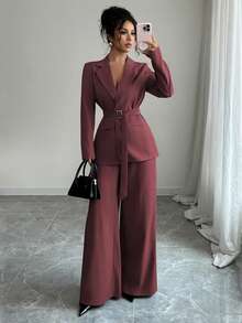 Selianne 2025春秋新款时尚优雅休闲/办公室通勤金属扣腰长袖外套+直筒宽松阔腿裤西装套装 - 酒紅色 - 查看 5