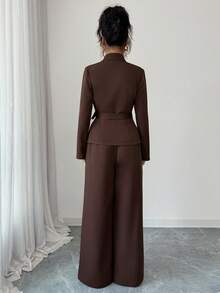 SHEIN Elenzya 女式咖啡棕色双层弹力 V 领裹胸系带腰部设计优雅职业装，适合工作、万圣节、办公室、秋季 2 件套：长袖系带上衣和宽松直筒裤 - 咖啡棕 - 查看 2