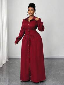Maweii Robe chemise décontractée pour femmes grandes tailles, couleur unie, manches longues, simple boutonnage, taille cintrée - Rouge foncé - Voir 6
