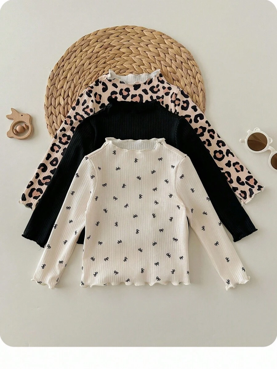 SHEIN 3 件 Babygirl 休闲百搭针织豹纹波点图案长袖上衣 - 彩色 - 查看 1