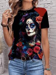 EMERY ROSE 休闲简约万圣节亡灵节女巫图案圆领宽松女式 T 恤 - 彩色 - 查看 2