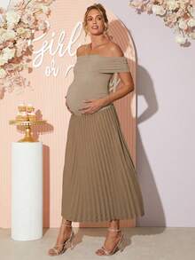 Loomaby 优雅简约露肩褶边孕妇装，夏季 - 卡其色 - 查看 6