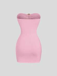 Sweetra Women's Sexy Fitted Strapless Metal Buckle Mini Dress - Pink - View 2