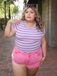 Enliva Damen Große Größen gestreiftes Strick Rundhals Kurzarm T-Shirt, Sommer Urlaub