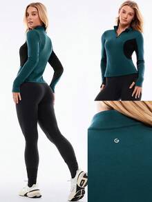 GLOWMODE Icebreaker Wool Blend Slim Fit Hip Length Color Contrast Panels Thumbholes Half Zip Pullover Jacket  Outdoors Daily Casual Wear Spring Summer - Mistle Toned - View 8