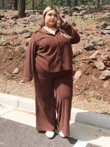 Enliva Melanieangelese 2pcs Plus Size Women's Solid Color Button-Front Long Sleeve Blouse And Pants Set, For Apple Rounded Body Shape - Rust Brown - View 4