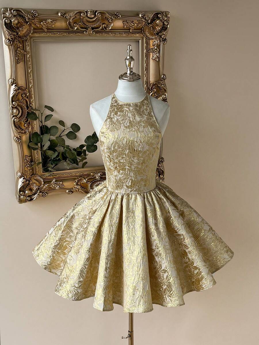 Lovelzi Elegant, Romantic, Sexy, Gold Jacquard, Backless, Tie, Waist, Birthday Party, Ball Dress, Wedding Guest Dress, Prom Dress - Gold - View 1