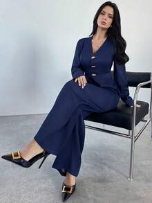 Firerie Women's Fashion Casual Commuter Urban Chic Street Style Versatile Academic Teacher Outfit, New V-Neck Metal Button Waist Long Sleeve Faux Denim Jacket And High Waist Pants Set, Navy Blue, Autumn Winter Clothes For Women - Navy Blue - View 6