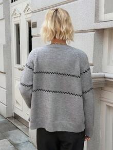 Vivie Lora Women's Gray Horizontal Striped Cardigan With Horn Buttons And Embroidered Floral Decor - Grey - View 3
