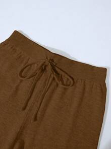 Franclia 2 件套女士休闲宽松针织毛衣和裤子家居服套装，舒适简约的设计 - 巧克力棕 - 查看 3