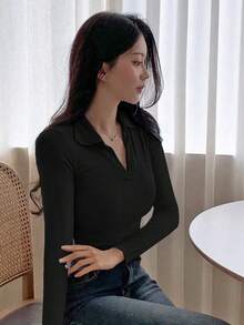 DAZY Áo thun cổ lọ lót nhiệt tay dài màu trơn dành cho nữ - màu đen - Xem 4