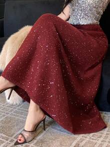 DAZY Women's Elegant Sequin Sweater Skirt, Autumn,New Year,Christmas Winter Women Skirts - Burgundy - View 4