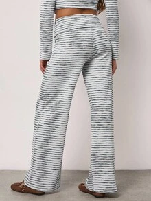 SHEIN BAE Autumn Casual Lounge Wide-Leg Pants For Women,Black And White Checkered Striped Apricot Pants,Winter Turn-Up Hem Christmas Thanksgiving Chic Clothes - White - View 2
