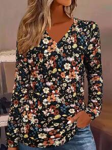 EMERY ROSE Women's Round Neck Long Sleeve Printed Element Design T-Shirt - Multicolor - View 1