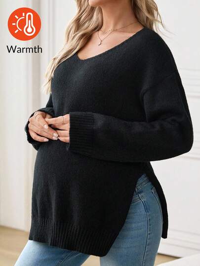 SHEIN Pregnant Women's Solid Color V-Neck Drop Shoulder Long Sleeve Casual Loose Versatile Sweater, Autumn