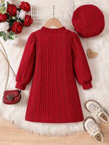 SHEIN Elladie kids 女孩新款毛绒心形修身长袖运动衫 - 酒紅色 - 查看 2