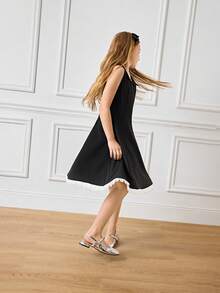 Tween Girl Elegant Lace Trim Sleeveless Dress - Navy Blue - View 5