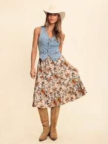 Coeurva Floral Print Ruffle Hem Skirt, For Vacation, Autumn - Multicolor - View 7