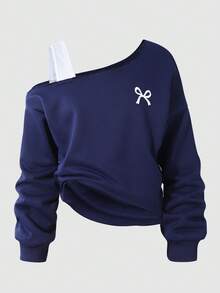 Sparklyn Tween Girls Bow Print Asymmetric Off-Shoulder Asymmetrical Hem Casual Sweatshirt - Blue - View 6