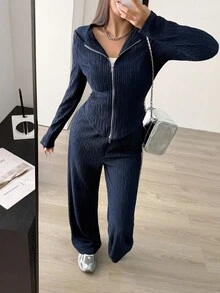 Modelyn 女士针织海军蓝纹理面料长袖连帽开衫和宽松长裤两件套服装，适合秋冬季外出约会的休闲装 - 藏蓝色 - 查看 6