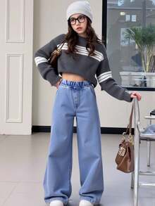 SHEIN Tween Girl 休闲水洗阔腿牛仔裤 - 中等水洗藍 - 查看 4