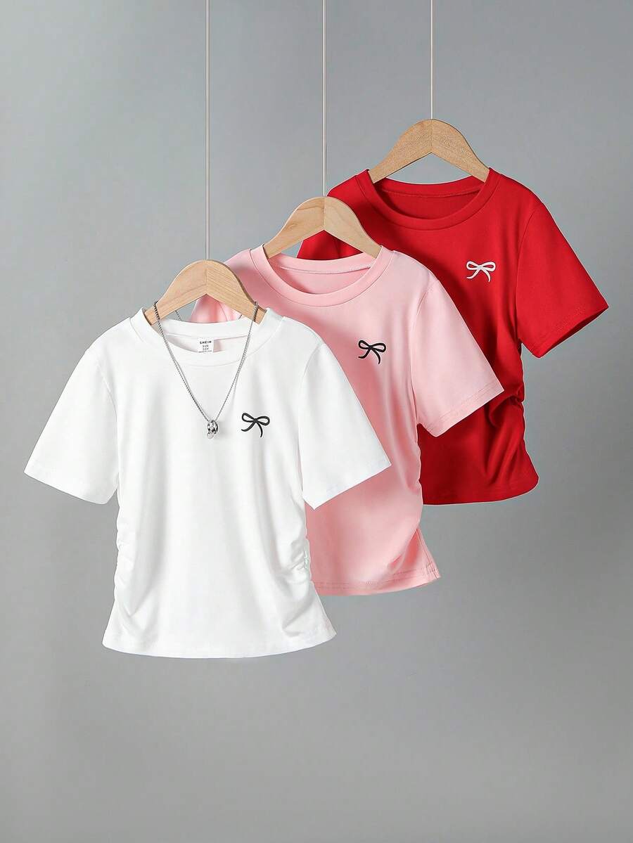 3pcs Girls Bow Print Waist Short Sleeve T-Shirts, Gray, Pink, Black - Red - View 1