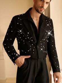 HIMLAND Men's Faux Pearl Decor Long Sleeve Fashion Suit Blazer , Wedding Black Suit